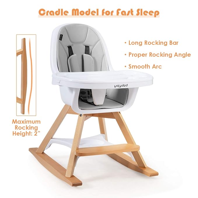 BABY JOY 3 in 1 High Chair, Baby Eat & Grow Convertible Wooden High Chair/Rocking Chair/Booster Seat/Toddler Chair, Infant Dining Chairs w/Double Removable Tray, 5-Point Seat Belt & PU Cushion, Gray