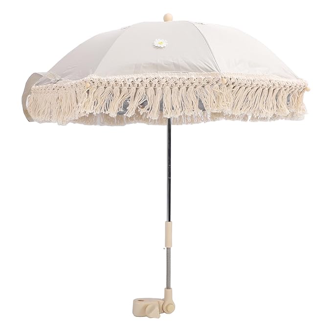 Baby Outdoor Parasols, Baby Stroller Parasol Umbrella with Adjustable Clamp, Toddler Parasol for Trolley Wheelchair Beach Chair, Outdoor Activities (Beige with