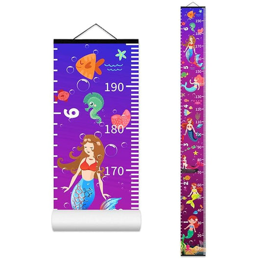Ocean Mermaid Growth Chart for Kids Baby Height Chart Ruler Removable Canvas Wooden Frame Hanging Wall Rulers Measurement Charts for Toddler Room Nursery Decor - 79"X7.9" with Black Wood