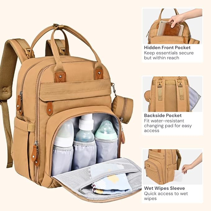 BabbleRoo Diaper Bag Backpack - Baby Essentials Travel Tote - Multi function Waterproof Diaper Bag, Travel Essentials Baby Bag with Changing Pad, Stroller Straps & Pacifier Case - Unisex, Beige