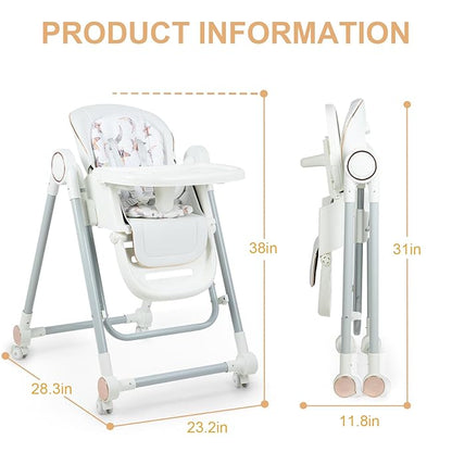 Foldable High Chair for Babies and Toddlers，Baby Swings for Infants 6-36 Months Old, Portable Baby Chair with Adjustable Backrest, Footrest, Tray, and Seat Height, Detachable Leather Cushion