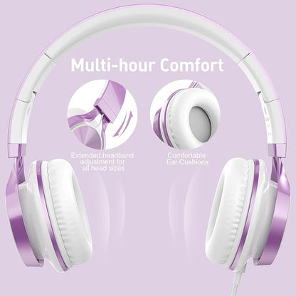 AILIHEN MS300 Purple Girl Headphones Wired with Microphone for Chromebook Laptop Computer, 3.5mm Foldable Lightweight on-Ear Headphones for School Teen Students