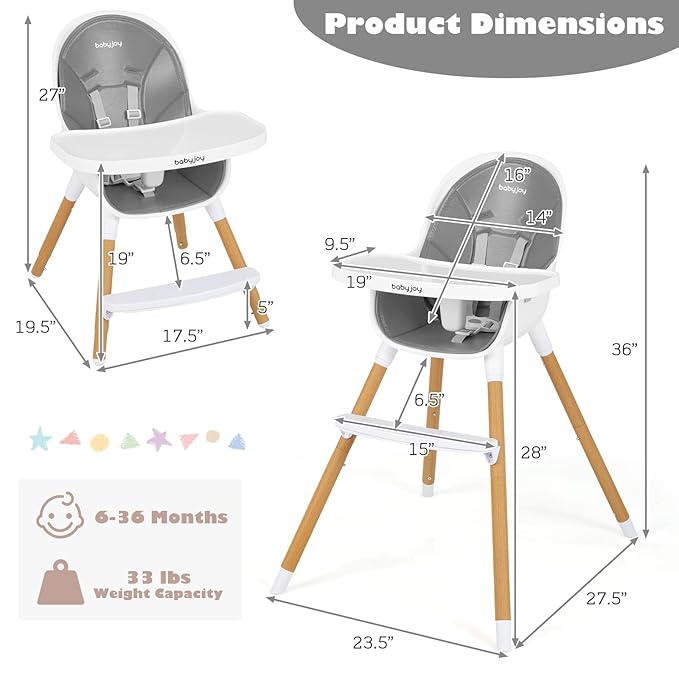BABY JOY Convertible Baby High Chair, 3 in 1 Highchair w/Adjustable Legs, Dishwasher Safe Tray, Detachable PU Cushion, Footrest, 5-Point Harness for Babies Infants Toddlers (Gray)