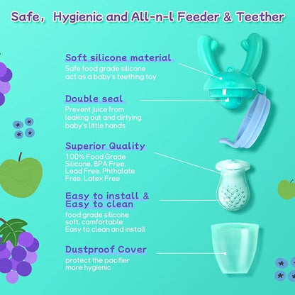 Baby Fruit Food Feeder - Silicone Nibble Tray Combo - Breastmilk Popsicle Mold for Cooling Relief, BPA Free Mesh Feeder for Infant Self Feeding (Antler Blue + Pineapple)