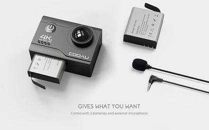COOAU 4K 20MP Wi-Fi Action Camera External Microphone Remote Control Underwater 40M Waterproof Sport Camera Time Lapse with 2X1200mAh Batteries and 20 Accessories