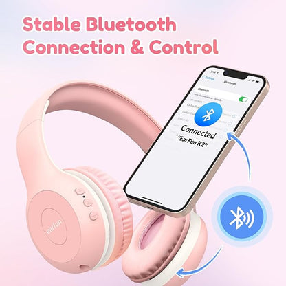 EarFun K2 Kids Bluetooth Headphones, Kids Headphones with Volume Limited, 40H Playtime, Built-in Mic, Stereo Sound, Foldable Over-Ear Headphone for School/Travel/iPad/Tablet, Pink