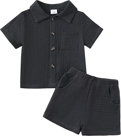 Baby Boy Cotton-Linen Solid Color Textured Fabric Lapel Collar Short-Sleeve Top Elastic Waist Shorts Set