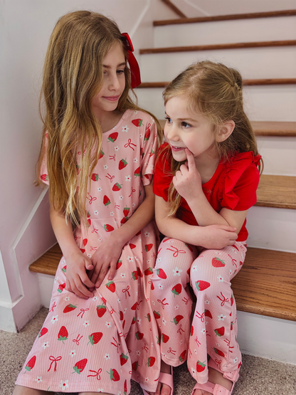 Strawberry Bow Girls Short Sleeves Dress