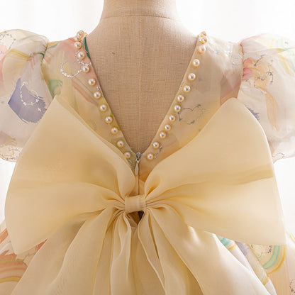 Fashion Puff Sleeve Bowknot Girl Dress