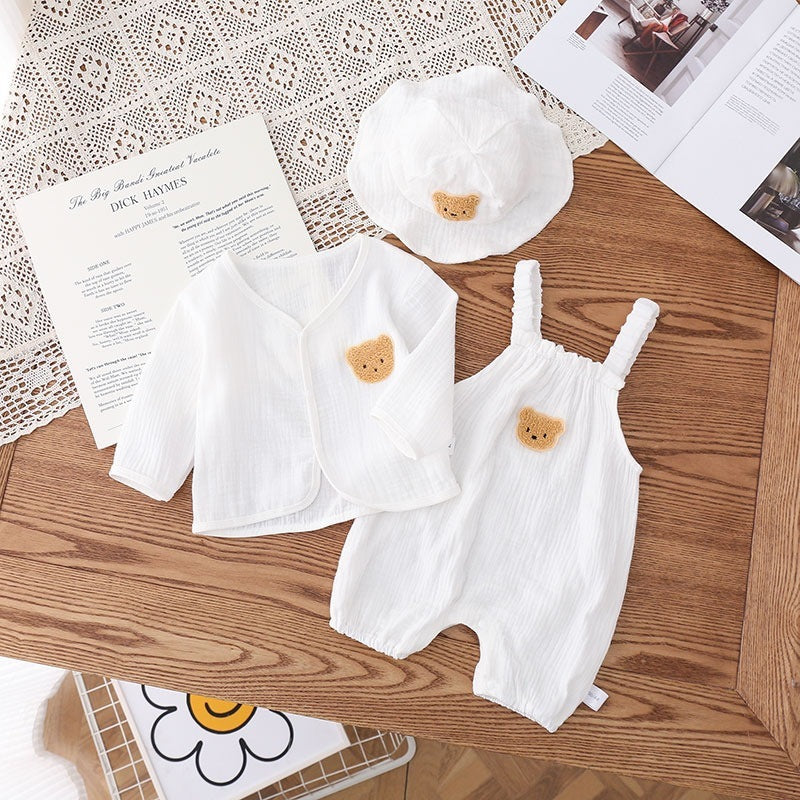 Baby Summer Wear Gauze Suspender Pants Thin Hooded