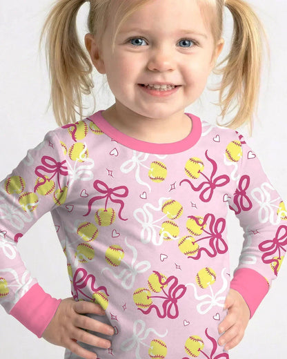 Softball Cherry Mom And Girl Matching Bamboo Two Piece Long Sleeve Pajama Set