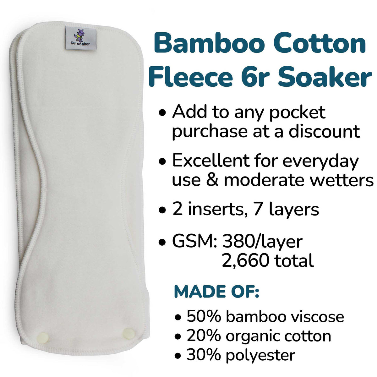 6r Soaker Insert Set | Bamboo Cotton Fleece - 7 Layer Everyday Absorbency
