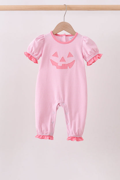Pink stripe Smirk face applique romper