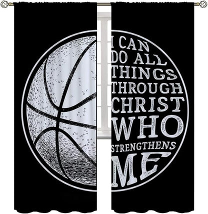 Basketball Blackout Curtains for Boy Girl Room Darkening Decor,Sport Theme and White Motto Dark Background Bedroom Living Room Home Rod Pocket Thermal Insulated Window Curtain/Drapes Panel,84x84 Inch…