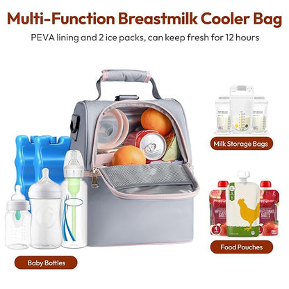 NCVI Breastmilk Cooler Bag with 2 Ice Pack, Breast Pump Bag with Cooler Fits 6 Bottles, Double Layer Breast Milk Baby Bottle Cooler Bag, for Travel, Nursing Mom Daycare, Work, Picnic (Grey)