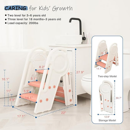 Pink 3 Step Stool for Toddlers Girls, Foldable 2 Step Stool for Kids Bathroom Sink Toilet Potty, Collapsible Heavy Duty Child Learning Kitchen Tower with Rails for Counter Bed Bedroom