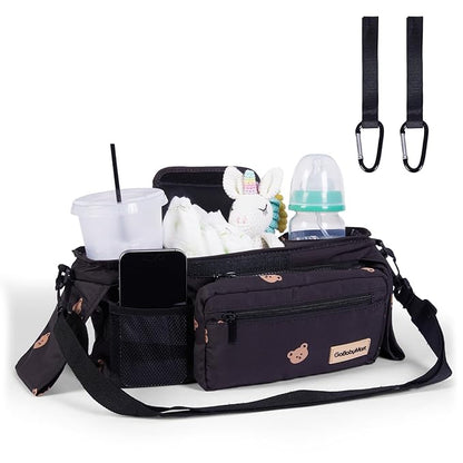 Universal Stroller Organizer with Cup Holders, Detachable Wristlet | Fits All Strollers | Stroller Diaper Bag Organizer with Phone Pocket, Insulated Bottle Holder & Storage Compartments