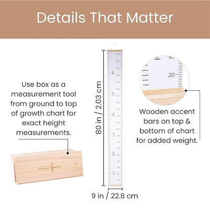 Growth Chart for Wall | Kids Height Chart Canvas Ruler with Wooden Storage Box | Waterproof Measuring Chart | Nursery Decor & Baby Shower Gift