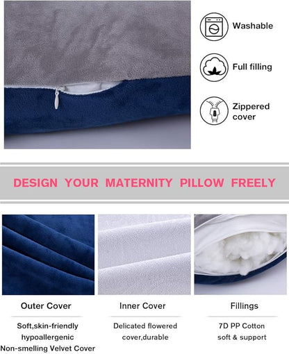 60in Full Body Pillow | Nursing, Maternity and Pregnancy Body Pillow | Awesling Extra Large U Shape Pillow and Lounger with Detachable Side, Separate Support Pillow and Removable Cover (Grey Blue)