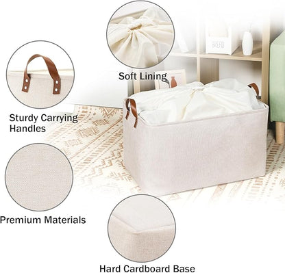 DULLEMELO Beige Storage Baskets for Organizing, Set of 2 Extra Large Canvas Fabric Storage Baskets with Handles, Foldable Storage Bins Baskets for Blankets Living Room