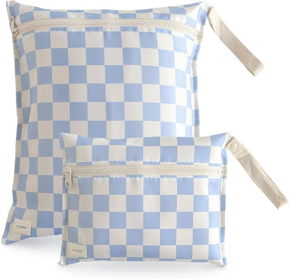 mushie Water Resistant Wet Bags | Large & Small Reusable Storage Bag for Baby Items and Travel | Zippered Pockets with Handle | Machine Washable, Set of 2 (Blue Check)