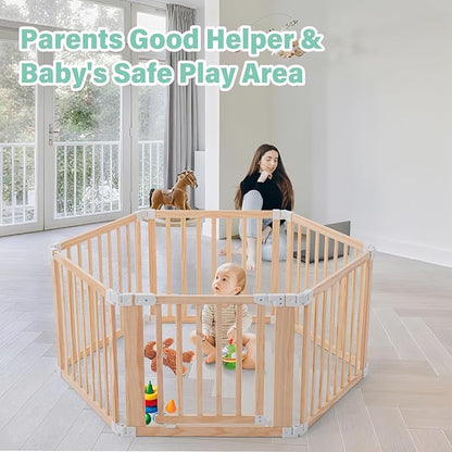 Foldable Wooden Playpen,Large Baby Gate Playpen with Child-Proof Lock-Easy Assembly, Portable Design for Babies & Toddlers- Shape& Size Adjustable Baby Fence Play Area(Wood, 6 Panel)