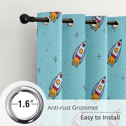 Kids Space Rockets Blackout Curtains - 100% Blackout, Thermal Insulated, Noise Reducing, Perfect for Kids Room and Nursery, 2 Panels (Aqua Mini Rockets, W52×L63)