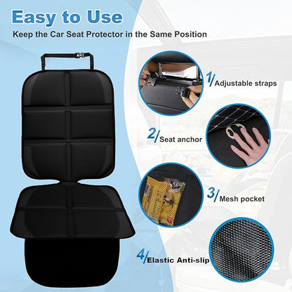 Car Seat Protector, 2 Pack Baby CarSeat Protector with Mesh Pockets & Non-Slip Backing 600D Durable Seat Cover Under Baby Child Car Seat, (Black, Standard)