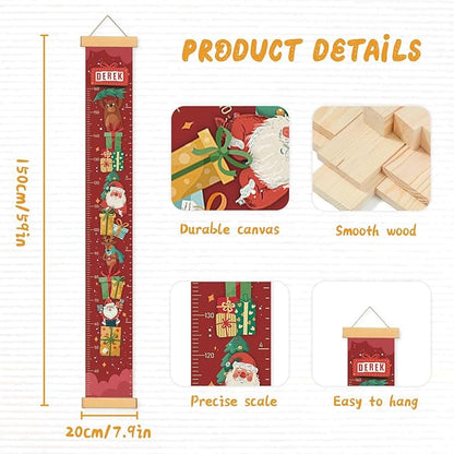 Personalize Name Baby Height Growth Chart, Christmas Theme Canvas&Wood Growth Chart for Wall Room Nursery Decor, Waterproof Measuring Wall Ruler, Wall Tape with Height Chart for Kids