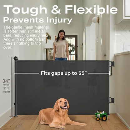 Cumbor Retractable Baby Gates for Stairs, Mom Choice Award Winner-55 Wide Mesh Dog Gate for Doorways, 34" Tall Easy to Use Pet Fence for The House, Toddler Safety Essentials Indoor&Outdoor, Black