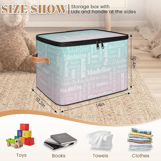 Custom Storage Basket with Name, Personalized Storage Bins with Zipper Lid, Foldable Fabric Storage Box Large capacity with Handle Green Pink
