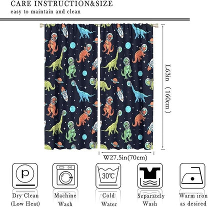 Cartoon Dinosaur Curtains for Kids Boys Girls Home Decor, Astronaut Rocket Funny Outer Space Blackout Rod Pocket Window Drapes for Bedroom Living Room W27.5xL63in 2 Panels