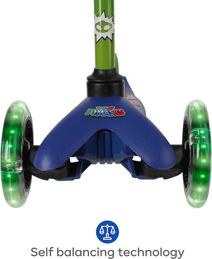 PJ Mask Self Balancing Kick Scooter with Light Up Wheels, Extra Wide Deck, 3 Wheel Platform, Foot Activated Brake, 75 lbs Limit, Kids & Toddlers Girls or Boys, for Ages 3 and Up