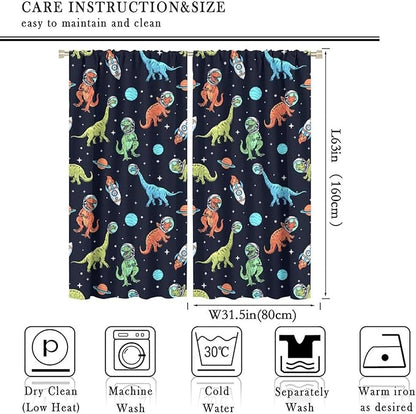 Cartoon Dinosaur Curtains for Kids Boys Girls Home Decor, Astronaut Rocket Funny Outer Space Blackout Rod Pocket Window Drapes for Bedroom Living Room W31.5xL63in 2 Panels