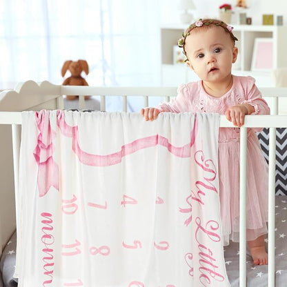 Trendy Pink Bow Coquette Baby Milestone Blanket Coquette Flannel Blanket Newborn Infant Swaddle Growth Baby Frame for Boys Girls Nursery (Bow, Pink)