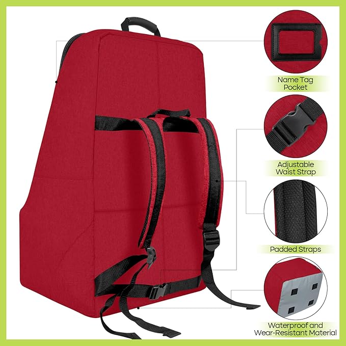 Padded Car Seat Travel Bag for Airplane, Heavy Duty Backpack for Air Travel, Water-Resistant Carrier with Shoulder Strap, Fits Most Car Seats (Red)