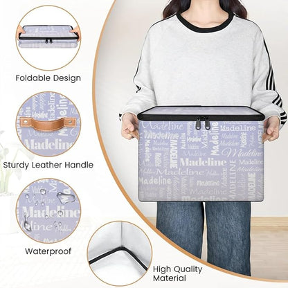 Custom Storage Basket with Name, Personalized Storage Bins with Zipper Lid, Foldable Fabric Storage Box Large capacity with Handle Purple White