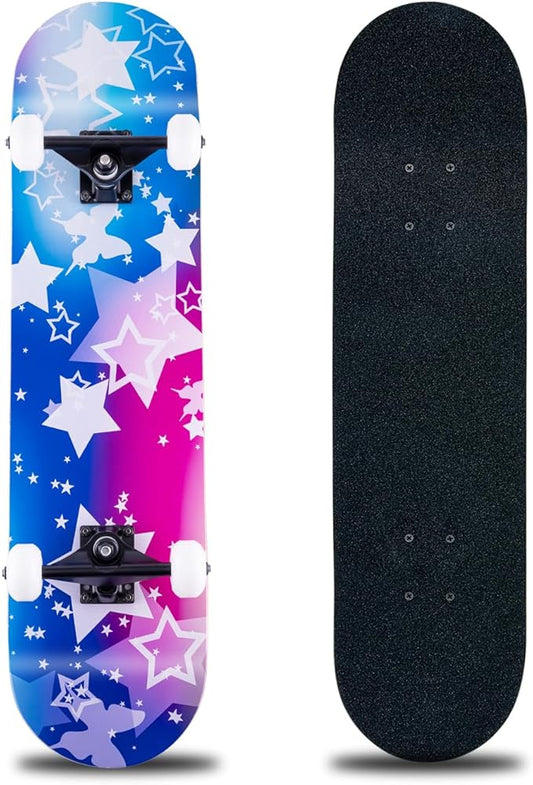 Skateboard,31 x 8 Inch Complete Skateboard, 8-Layer Maple Wood Deck Double Kick Standard Skateboards for Kids, Teens, Adult, Beginner