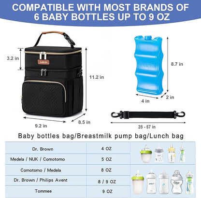 Insulated Breastmilk Cooler Bag with Ice Pack - Holds 6x9oz Bottles, Leakproof Double Layer, Baby Bottle Cooler Bag with Adjustable Strap for Nursing Moms, Daycare & Travel