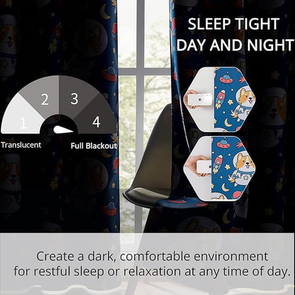 Kids Blackout Curtains - Space Dog Design, 100% Blackout, 2 Panels, Each W52×63, Thermal Insulated, Noise Reducing & Energy Efficient for Kids Bedroom, Turn your child’s room into a fun adventure