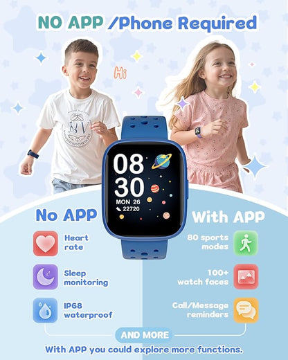 Kids Watch for Boys 5-12, Kids Smart Watch Fitness Tracker Pedometer, No Phone Needed, Puzzle Games with Parental Control, IP68 Waterproof, Heart Rate, Sleep Monitor, Step Counter, 80 Sports