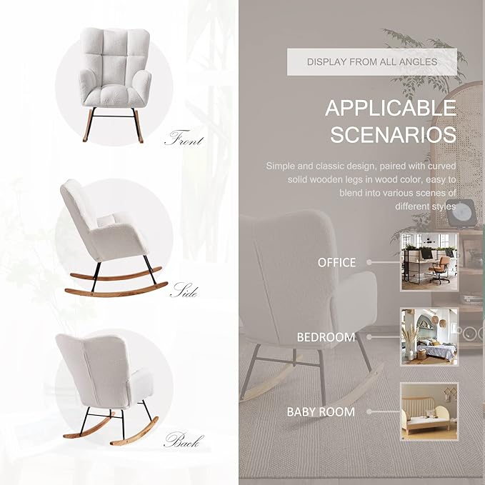 Nursery Rocking Chair, Teddy Upholstered Glider Rocker with High Backrest Armchair, Modern Rocking Accent Chairs for Nursery, Living Room, Bedroom, Offices (Ivory)