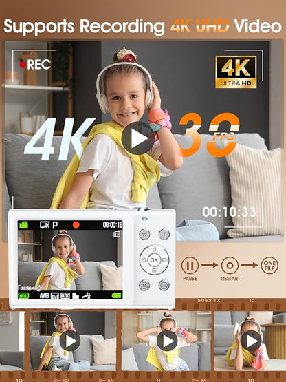 Digital Camera,Autofocus 4K Vlogging Camera for Photography with 32GB Card,48MP Portable Compact Point and Shoot Digital Camera for Teens Adult Beginner with 16X Zoom,Anti-Shake,2 Batteries(White)