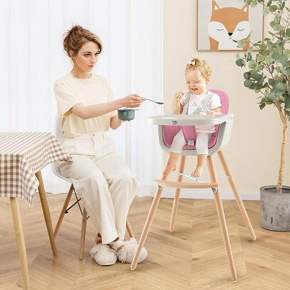 BABY JOY Convertible Baby High Chair, 3 in 1 Wooden Highchair/Booster/Chair with Removable Tray, Adjustable Legs, 5-Point Harness, PU Cushion and Footrest for Baby, Infants, Toddlers (Pink)