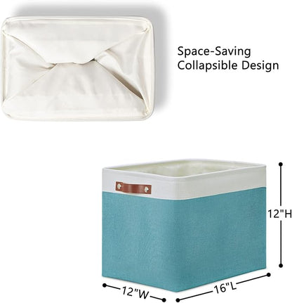 DULLEMELO Large Closet Storage Baskets Canvas Storage Baskets for Organizing 2 Pack Collapsible Home Organizer With Handles (White&Teal)