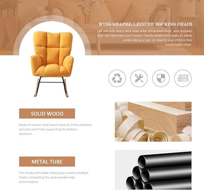 Nursery Rocking Chair, Teddy Upholstered Glider Rocker with High Backrest Armchair, Modern Rocking Accent Chairs for Nursery, Living Room, Bedroom, Offices (Yellow)