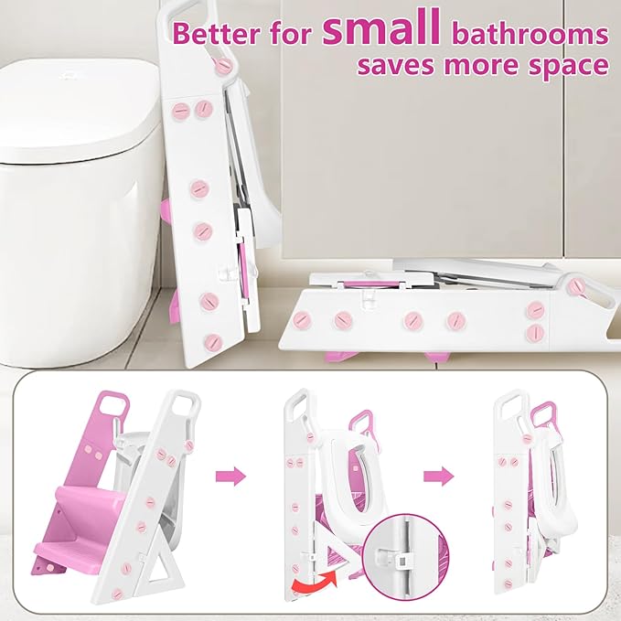 Easy Storage Potty Training Seat with Ladder, Adjustable Step and Toilet Seat Height, Easy-Grip Handles for Climbing, Foldable Portable Toddler Toilet Trainer, Perfect for Small Bathrooms