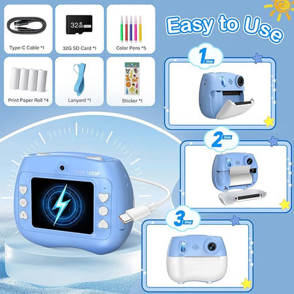 Instant Print Camera for Kids - Front Rear Dual Selfie Kid Print Camera, Fun Birthday Gift for Boys Ages 3-12, HD Digital Video Cameras, Easy to Use for Toddler - Blue