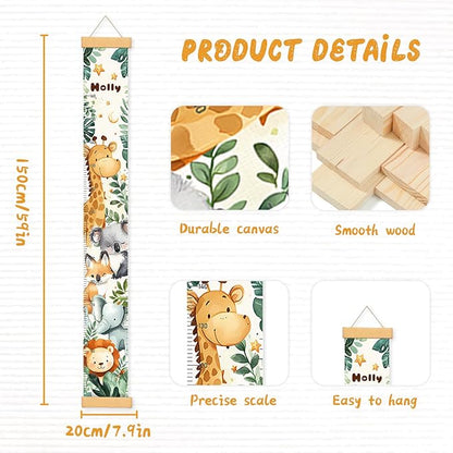 Personalized Name Baby Growth Height Chart Handing Ruler Wall Decor for Kids, Animals Canvas Removable Height Growth Chart, Nursery Decor, Toddler Kid Room Decoration, Hangable
