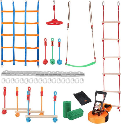 VEVOR Ninja Warrior Obstacle Course for Kids, 1 x 50 ft Weatherproof Slacklines, 500lbs Weight Capacity Monkey Line, Outdoor Playset Equipment, Backyard Toys Training Equipment Set with 10 Obstacles